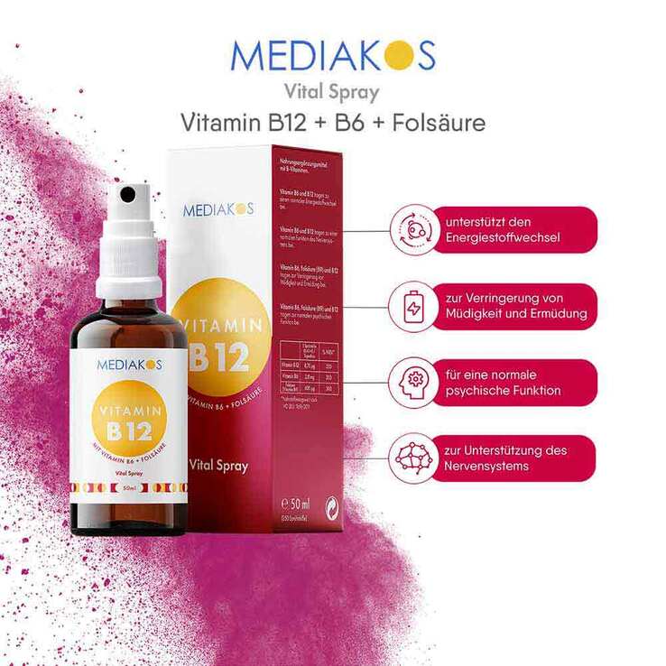 Vitamin B12 + B6 + Folsäure Mediakos Vital Spray, 50 ml