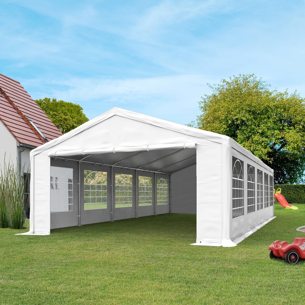 TOOLPORT Partyzelt 6x12 m Pavillon Starke PVC 600 N Plane wasserdicht und schneller Aufbau