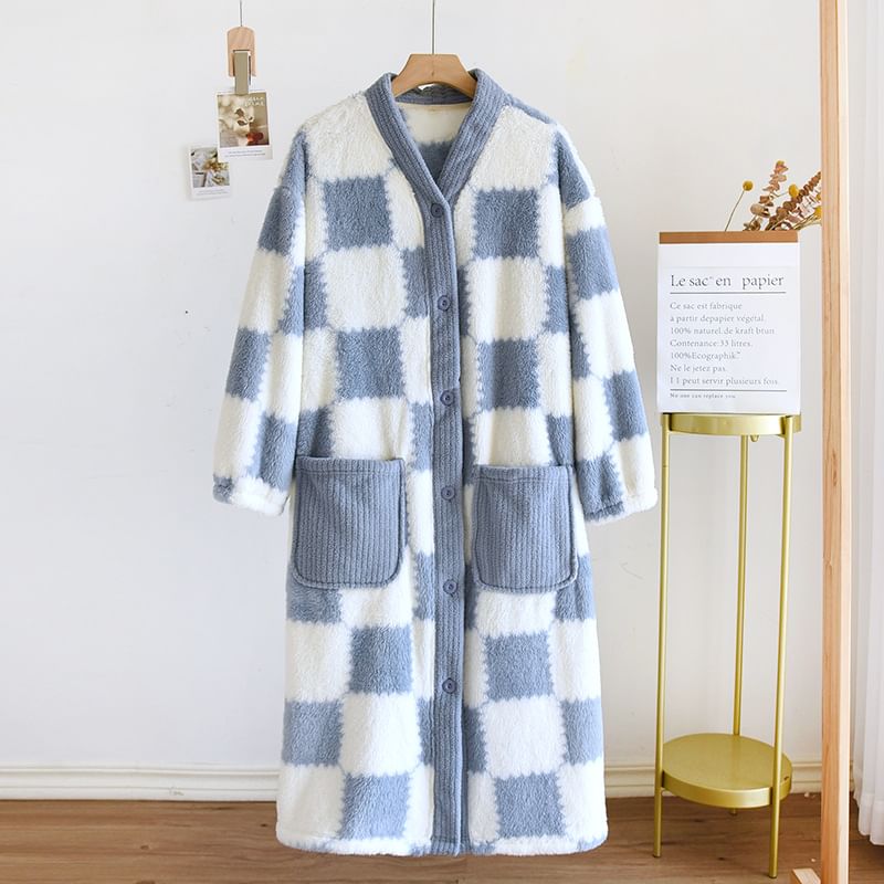 Somnus - V-hals geruite koraalfleece pyjamajas met knoopjes