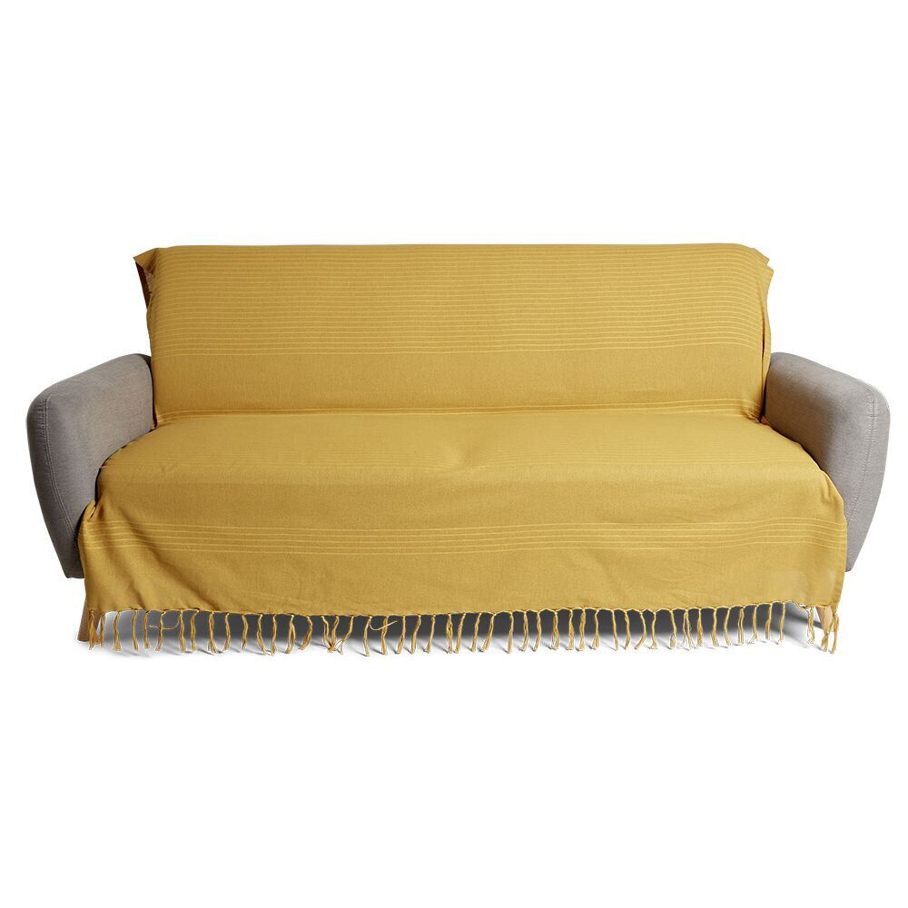 Jeté de canapé 170x250cm à franges 100% coton jaune
