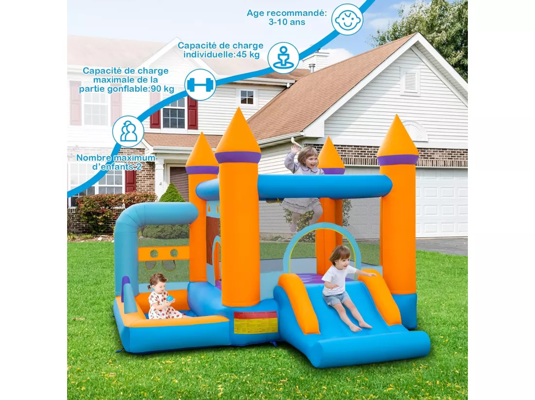Château Gonflable 5 en 1 avec Toboggan, Maison de Saut Gonflable Intérieur Extérieur avec Piscine à Balles, Panier de Basketball, 50 Balles Océaniques, Charge 90kg pour 2 Enfants de 3-10 Ans