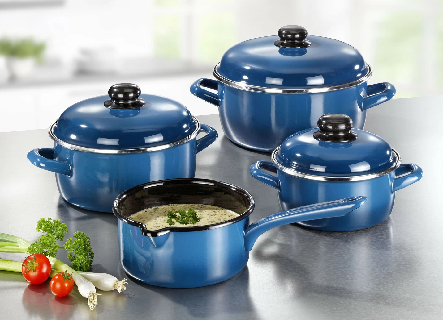 Topf-Set, 7-teilig, aus widerstandsfähigem Stahl-Emaille von GSW