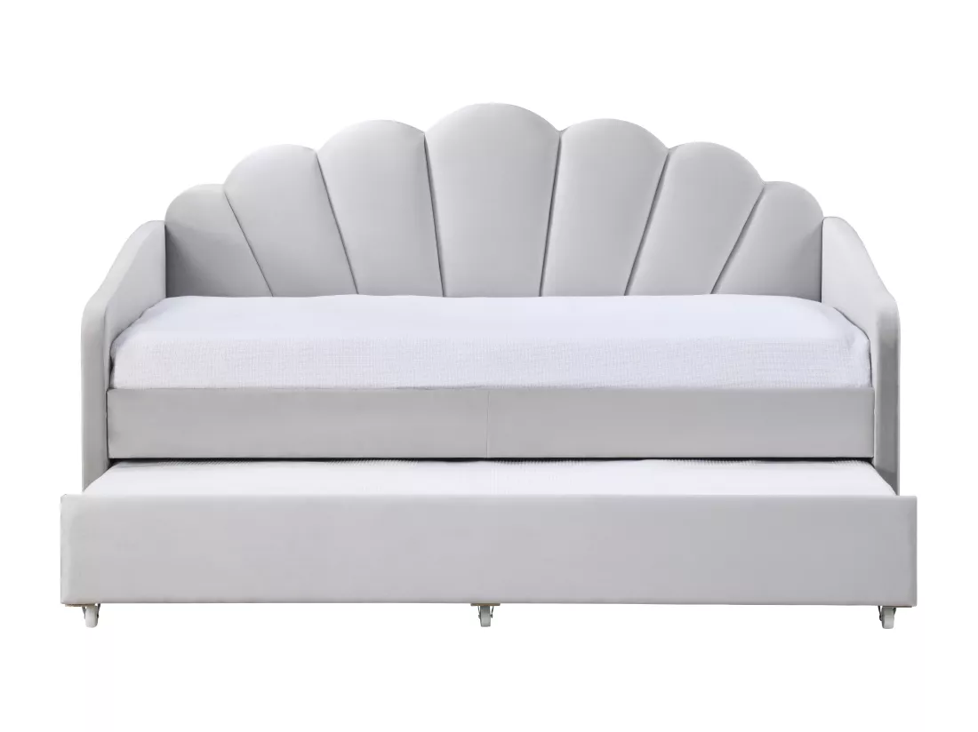 Lit gigogne coquillage 2 x 90 x 190 cm - Velours - Gris clair + Matelas - ELUSIA