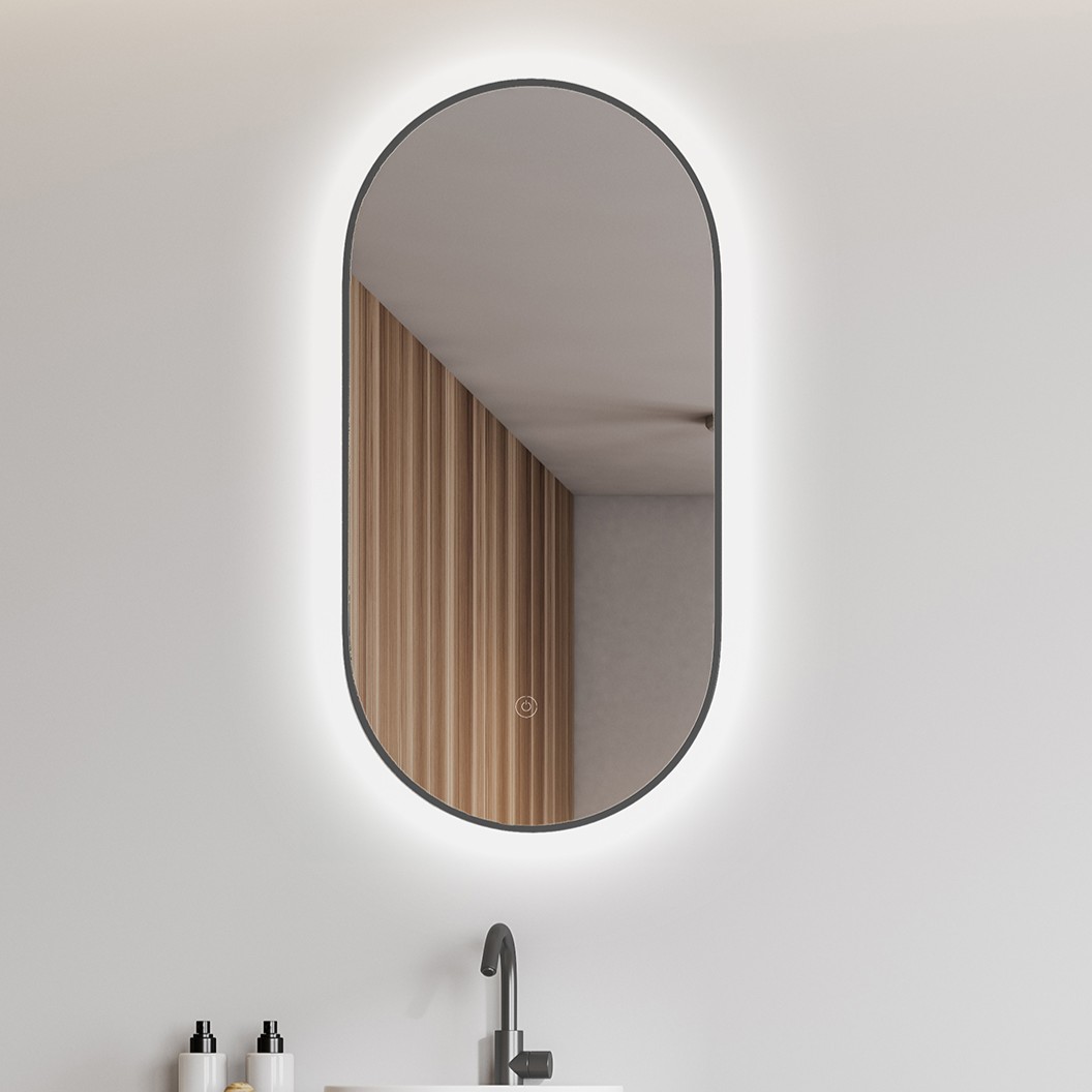 Mueller Ovalis ovale spiegel met LED, dimbaar en spiegelverwarming 50x100cm gunmetal