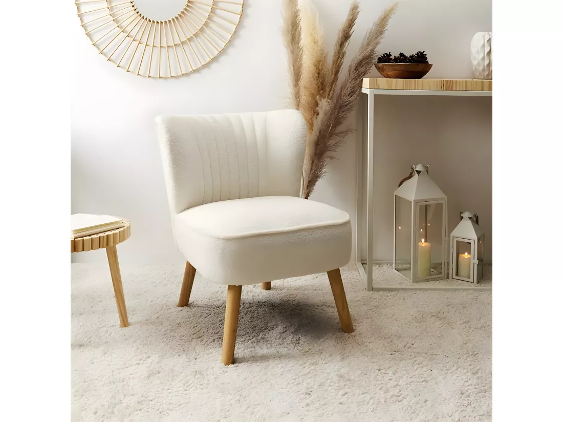KELIOS - Fauteuil en Tissu Bouclettes Blanc Pieds Bois Naturel