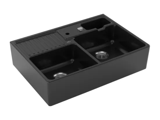 Evier 2 cuves timbre office VILLEROY ET BOCH Tradition Pure Black CeramicPlus avec vidage automatique