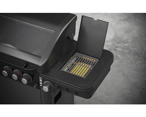 Tenneker® Halo TG-5 U Gasgrill 204,6 x 65,6 x 117 cm 5-pits + zijbrander en achterbrander, gietijzeren rooster, platformsysteem, glazen inzetstuk in het deksel