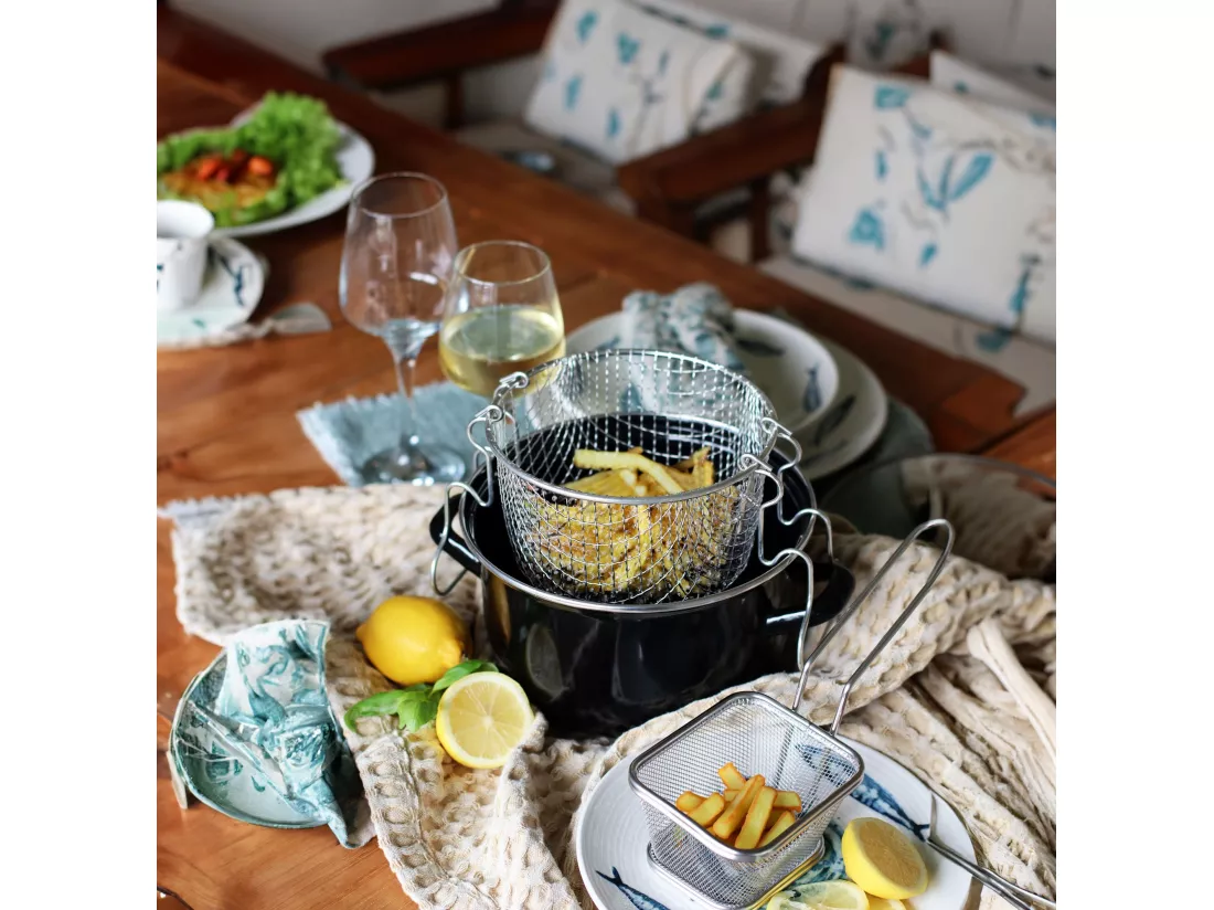 Menastyl - Friteuse 26cm En Acier Email Noir Bord Chrome + Couvercle Et Panier