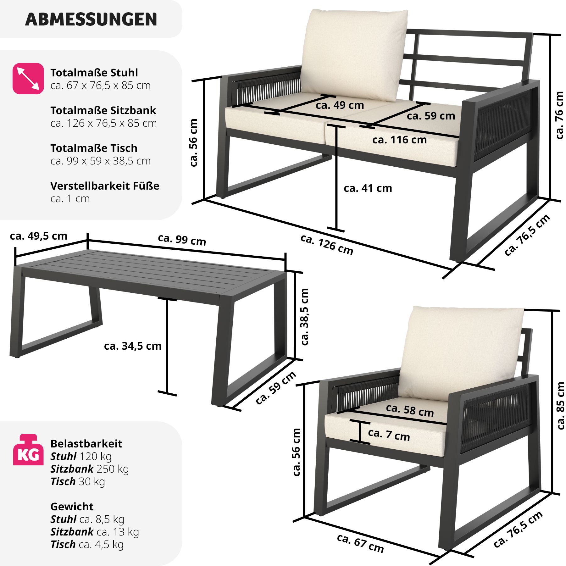 tectake® Garten-Lounge Set, im Rope-Design mit Aluminiumgestell, höhenverstellbare Füße, Tisch mit Lamellenmuster