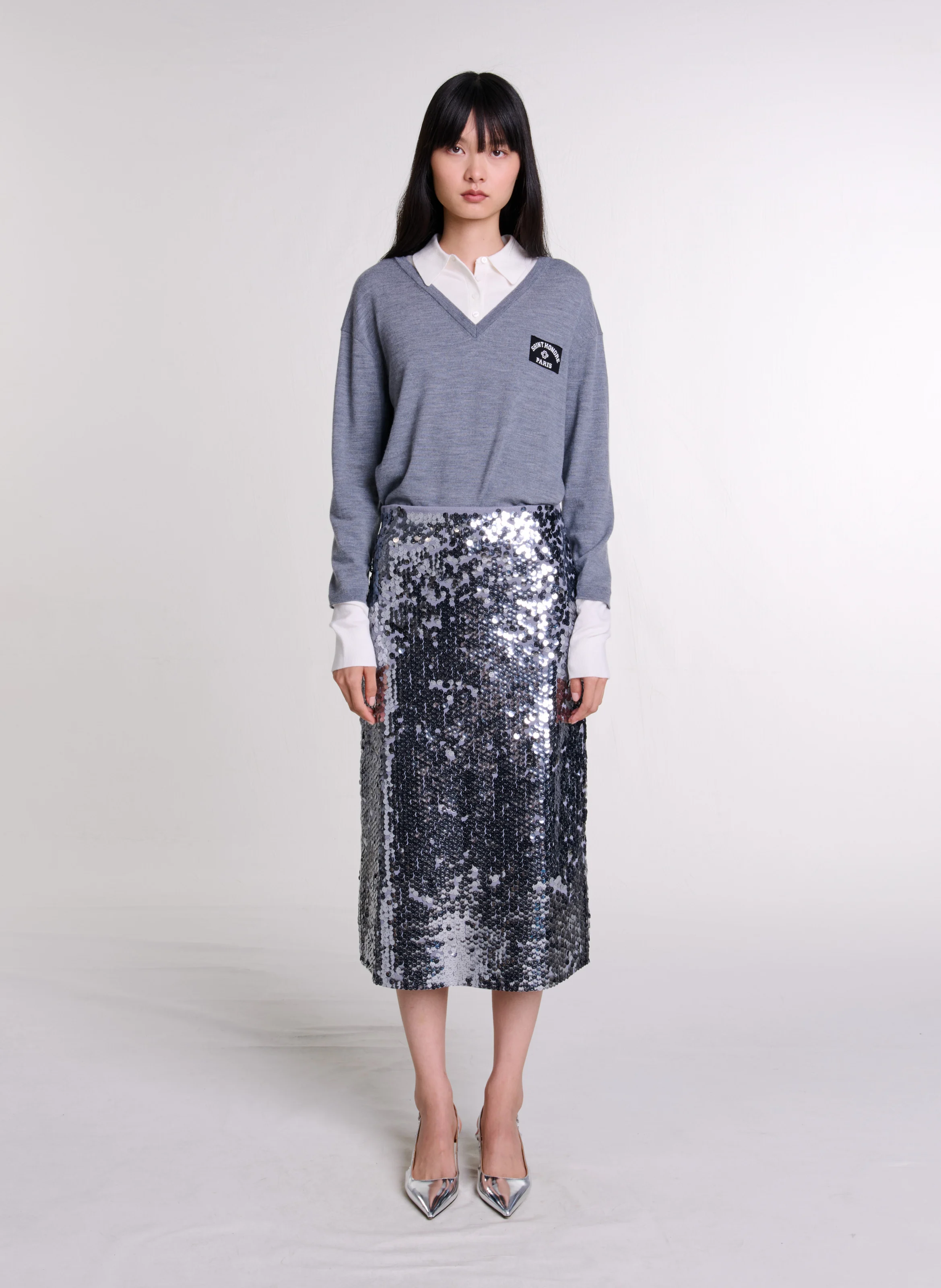 Jupe longue évasée à sequins | Gris