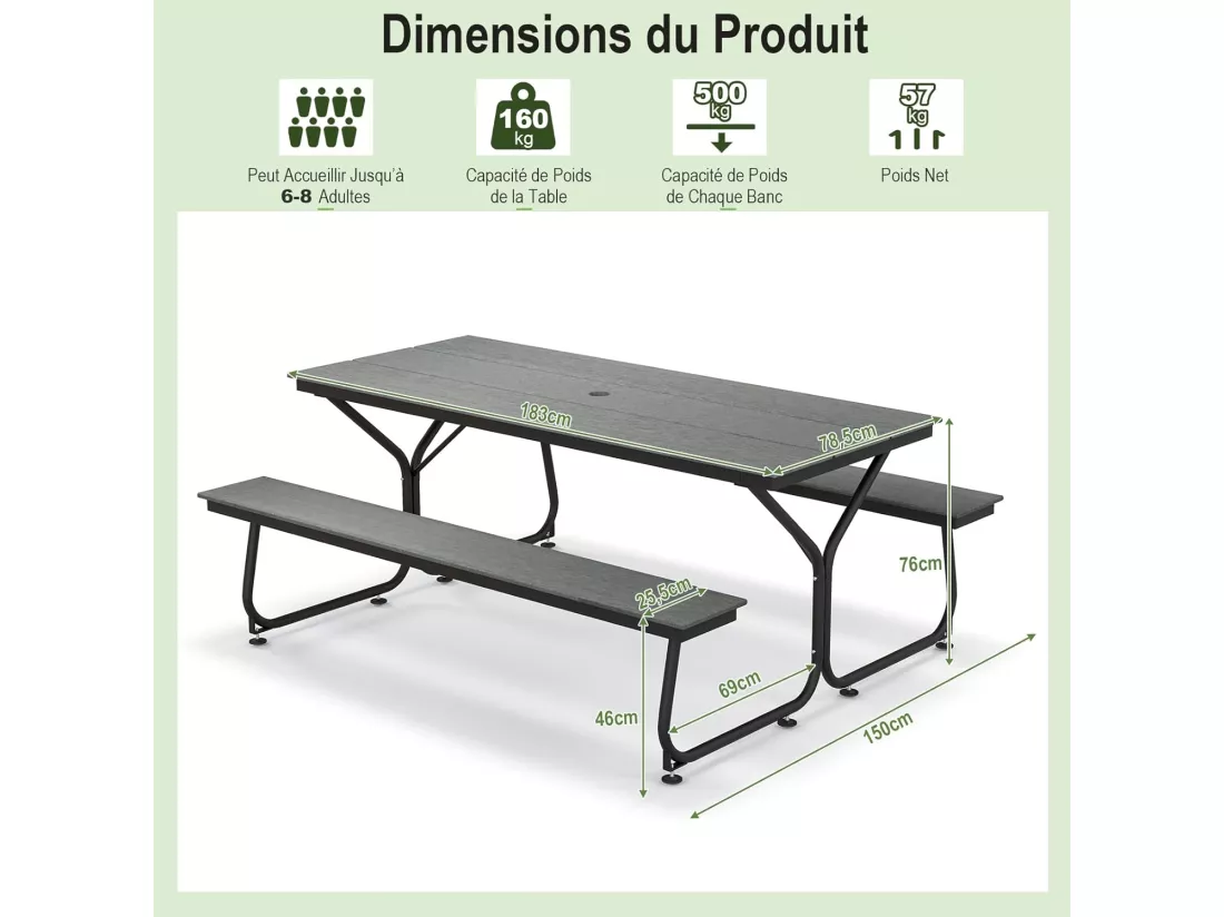 Ensemble Table et Bancs de Pique-Nique avec Cadre Métal, Ensemble de Jardin Imperméable pour 8 Personnes Banc Charge 500KG, pour Jardin Piscine, 183 x 150 x 76 cm (Gris)
