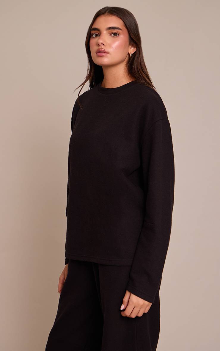 Noir Sweat-shirt Côtelé Brossé À Manches Longues
