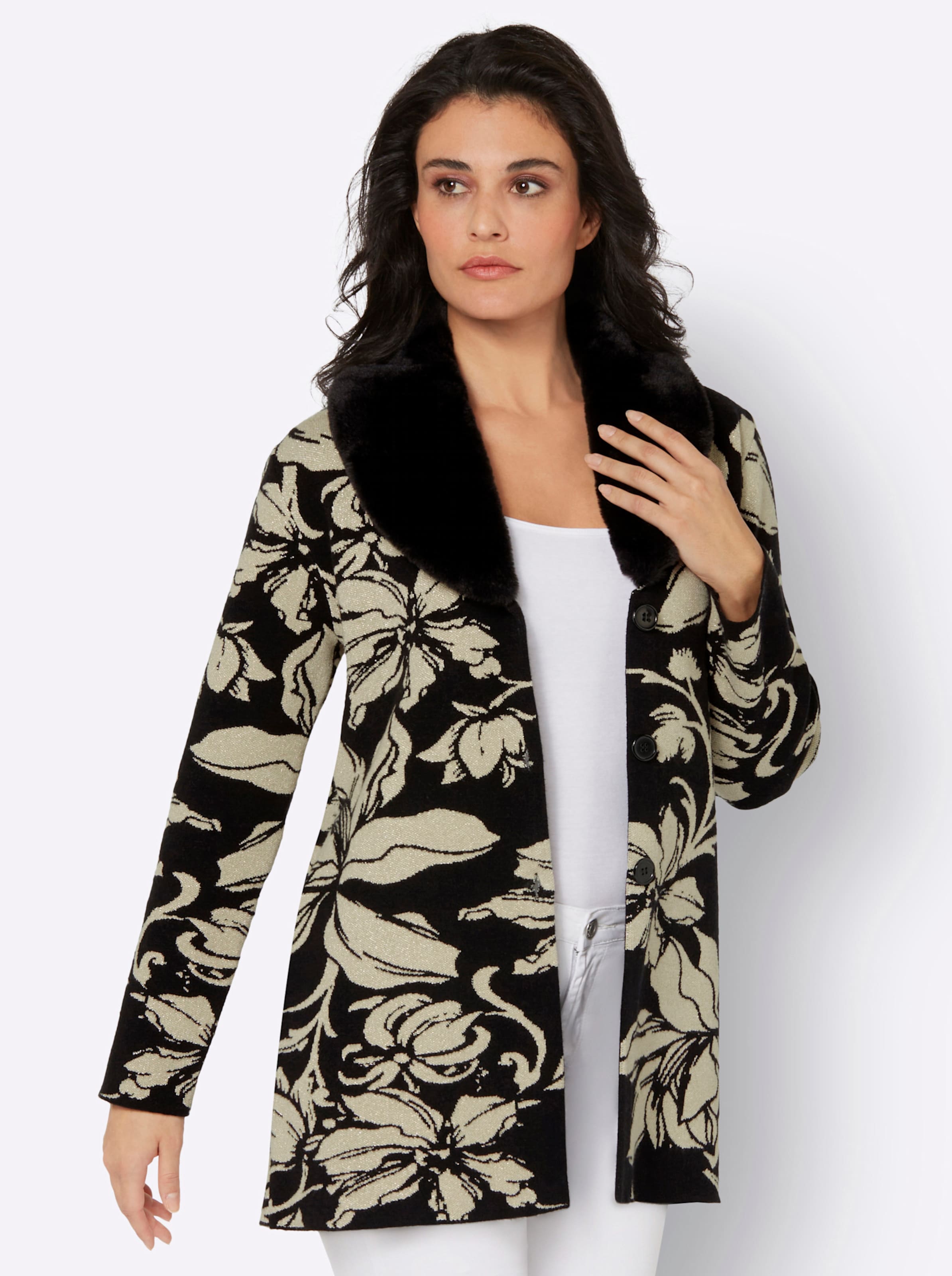 Modal-Mix-Strickjacke in schwarz-sand-gemustert