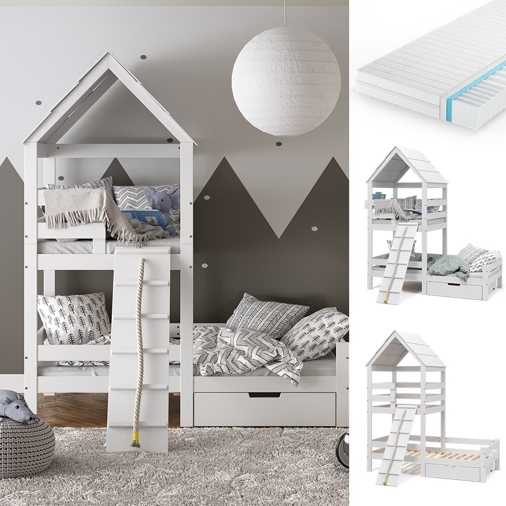 VitaliSpa Spielturmbett Kinderbett Spielbett Teddy Weiß modern 208x235 cm Massivholz Kinderzimmer Lattenrost Bett Schublade Matratze Abenteuerbett Kletterbett