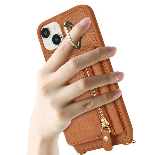 iPhone 14 / iPhone 13 Necklace Leder Hülle mit Münzfach und Kartenfächer   Finger Griff Halterung   Handykette - Braun