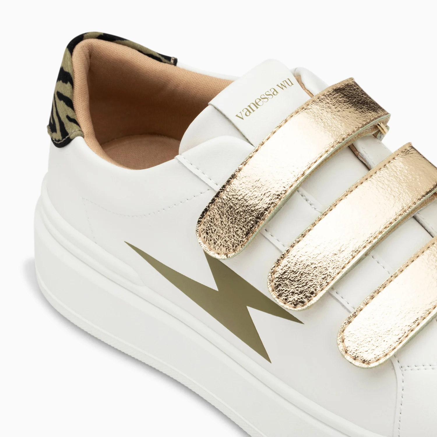 Sneakers-Baskets éclair Salomé blanc et kaki à scratchs or