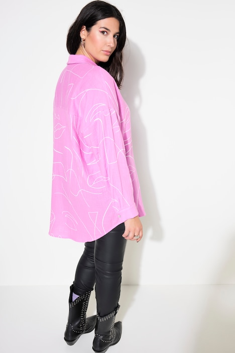 Hemdbluse, oversized, Musselin, Print, Langarm