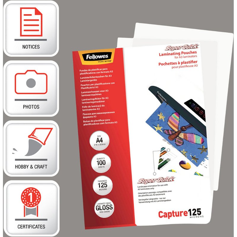 Pochettes de plastification SuperQuick Fellowes A4 2 x 125 µ brillantes - Boite de 100
