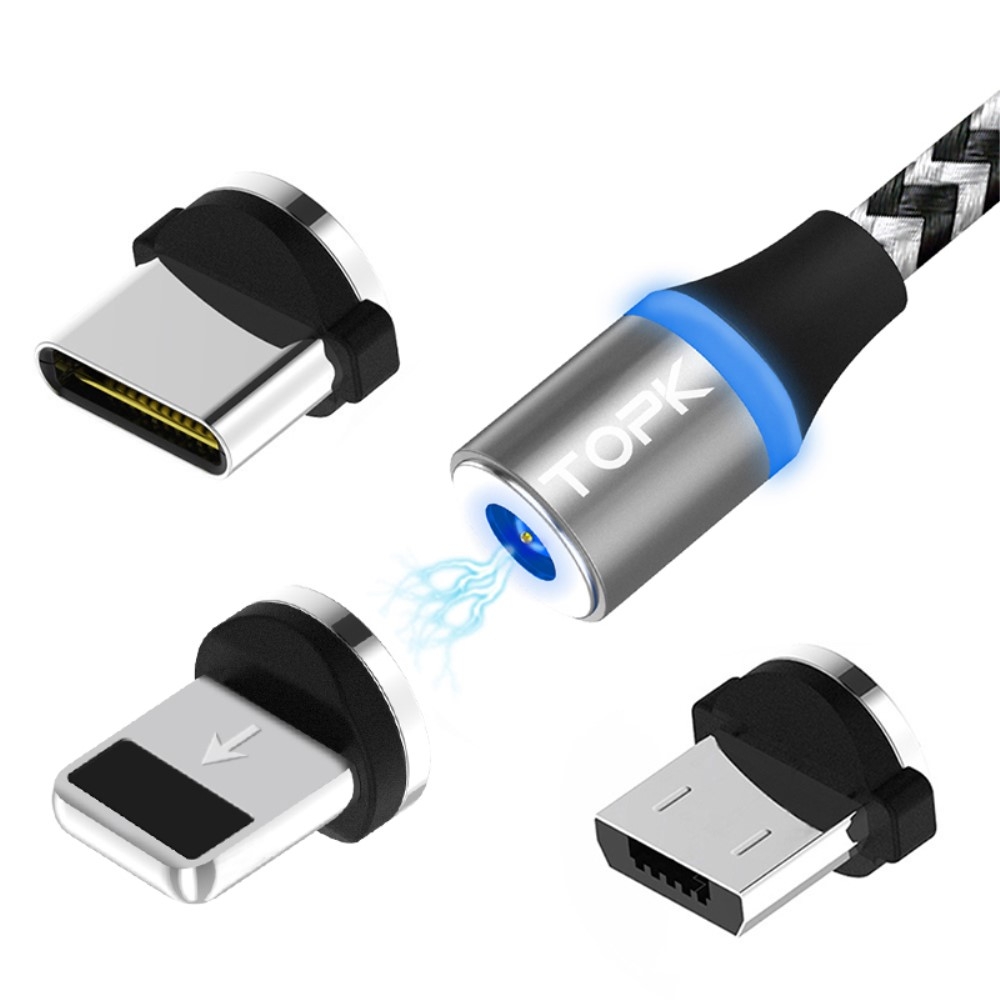 (1m) 3in1 Magnetisches Dual Color USB Ladekabel Nylon Geflecht - Apple Lightning / Micro USB / USB C - Grau / Schwarz