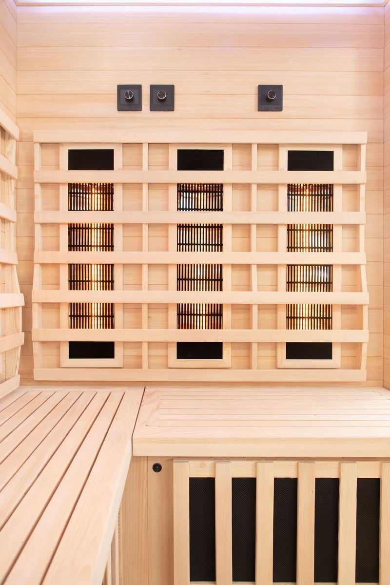 Dewello® Infraroodcabine Infraroodsauna MONTREAL 140cm x 140cm incl. 6 full spectrum emitters, 3 koolstof emitters, gekleurd licht