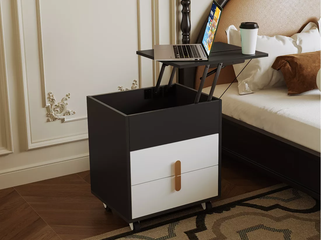 Table de chevet avec port USB - 2 tiroirs & plateau extensible - MDF - Blanc & Noir