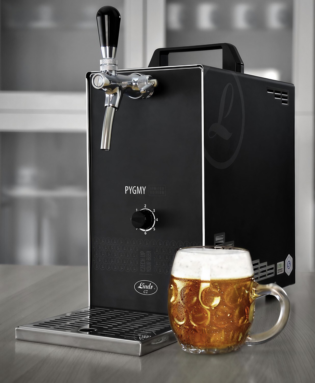 Komplett Set - Zapfanlage, Bierzapfanlage PYGMY 25/K LIMITED EDITION mit Membranpumpe, 1-leitig Trockenkühlgerät aus Edelstahl, 35 Liter/h, Green Line, Zapfkopf:Köpi