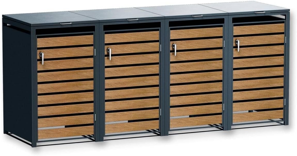 Metzler Mülltonnenbox in Anthrazit & Holzoptik 4er 240L, Mülltonnenverkleidung 4 Tonnen, witterungsbeständiger und pulverbeschichteter Stahl mit Automatikdeckel, abschließbar, Garten- und Müllbox