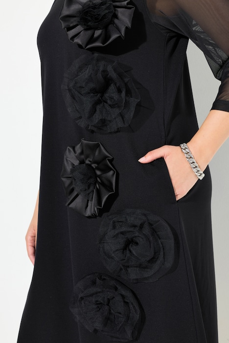 Jerseykleid, 3D-Blüten, V-Ausschnitt, 3/4-Arm, Taschen