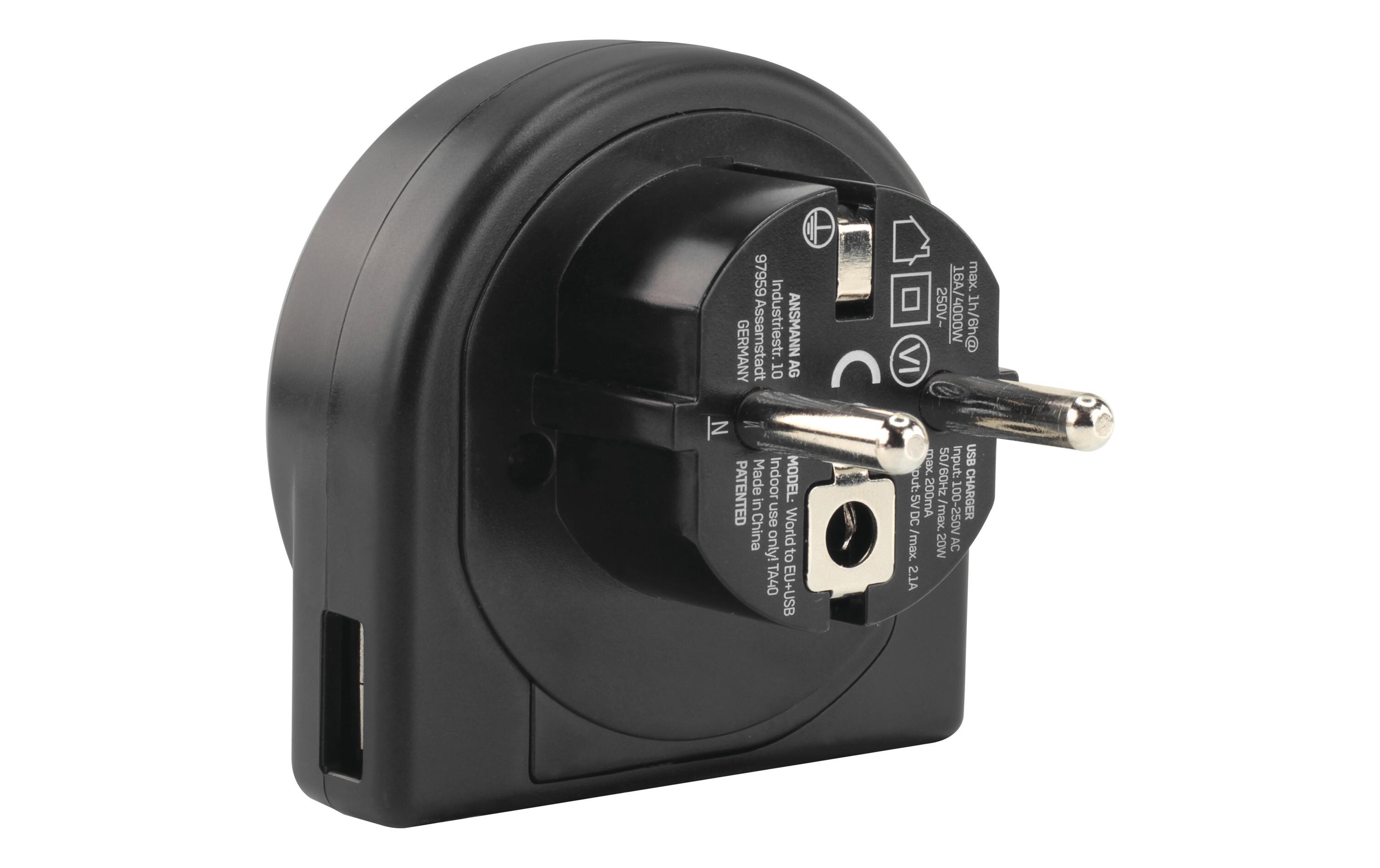 Reiseadapter World to EU + USBKompakter Reisestecker mit Schutzleiter und USB Ladeanschluss