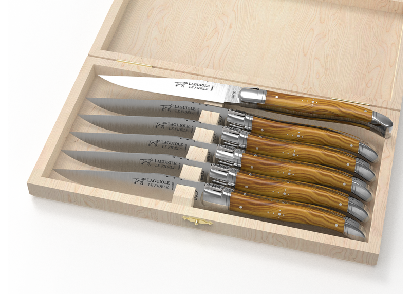 Service de 6 couteaux Laguiole avec un manche en bois d'olivier et mitres en acier inoxydable