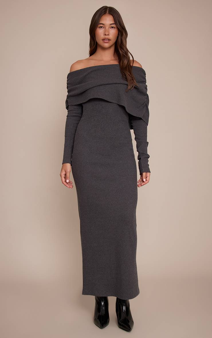 Charbon Robe Longue Bardot Oversize Côtelée Avec Col Rabattu