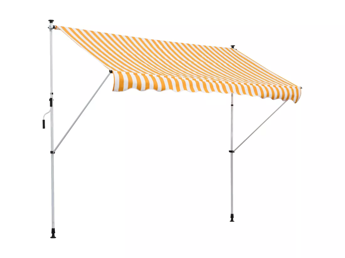 Store banne manuel rétractable 3L x 1,5l m inclinaison et hauteur réglable installation rapide métal alu polyester anti-UV jaune blanc rayé
