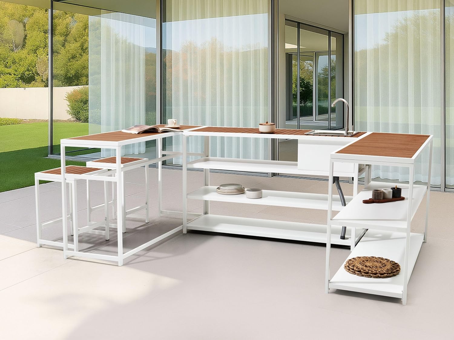 Beliani Outdoor-Küche 5-teilig Stahl weiß Kunstholz Spüle 3 Inseln 2 Hocker Avetrana