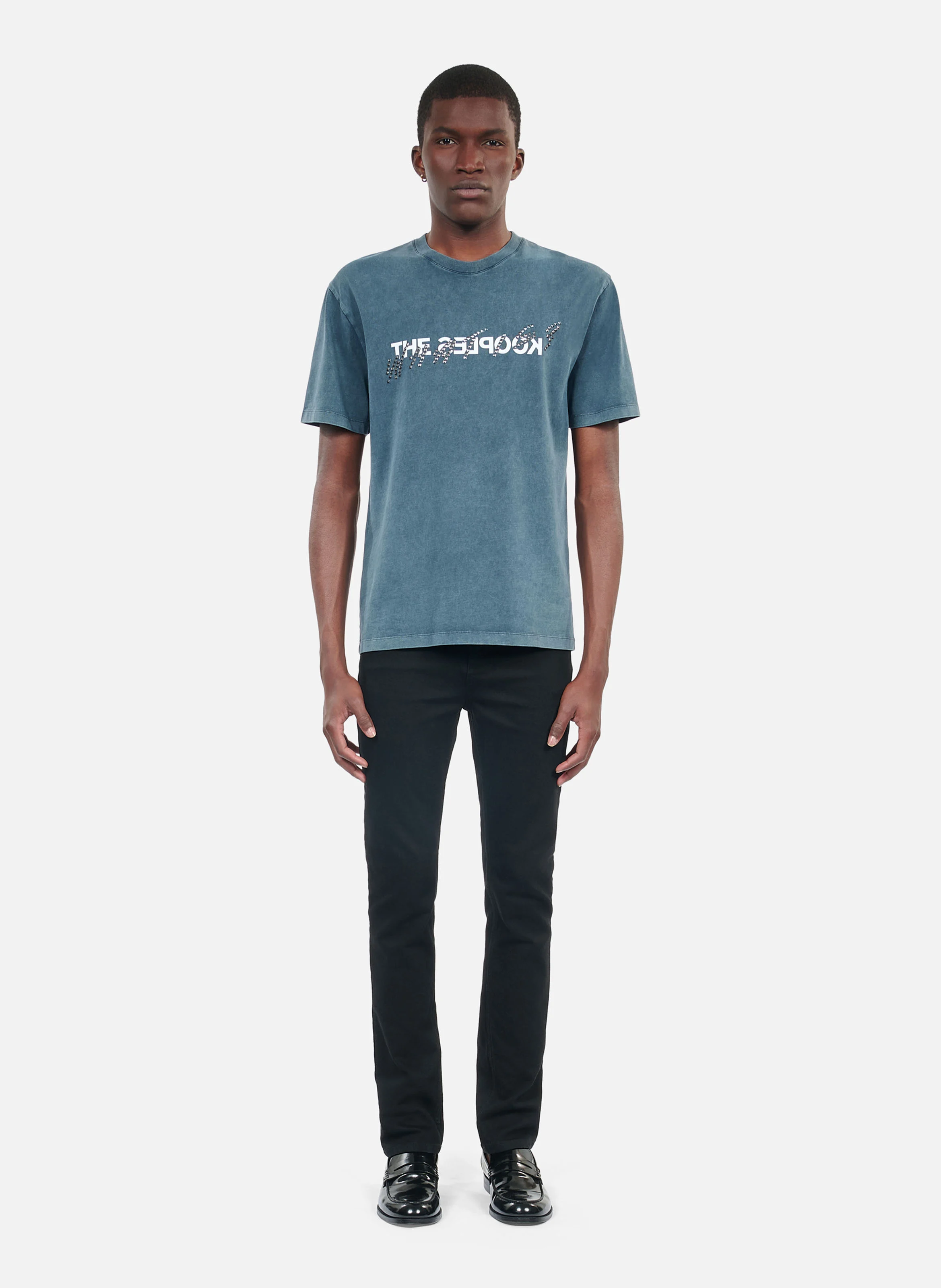 Tee-shirt col rond droit en coton sérigraphié | Bleu