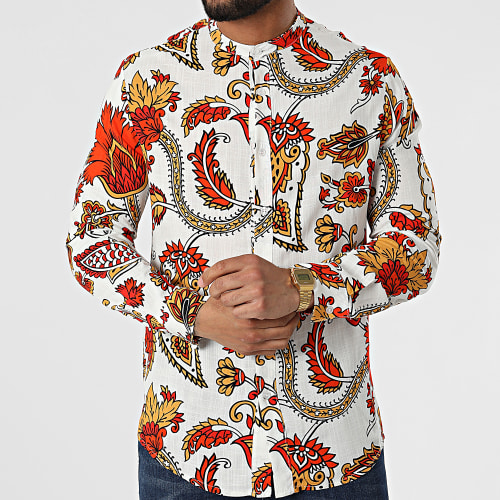 Chemise Manches Longues Col Mao Floral UY840 Blanc Rouge Jaune