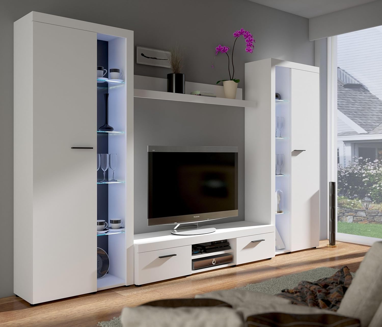 Kuechen-preisbombe TOP Wohnwand Rumba XL Anbauwand Wohnkombi Wohnzimmer Weiss matt