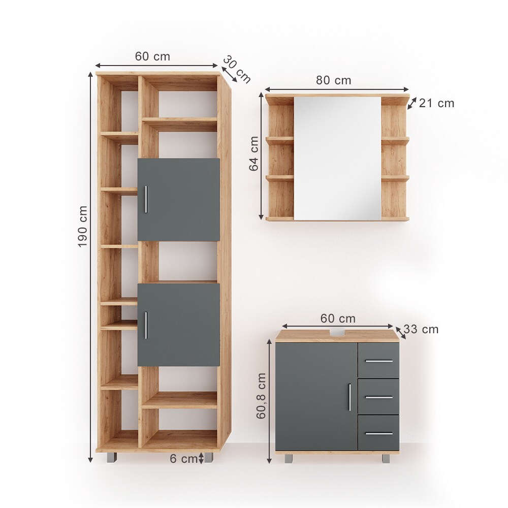 VICCO Badmöbel Set ILIAS Eiche Anthrazit Spiegel Kommode Unterschrank Badschrank