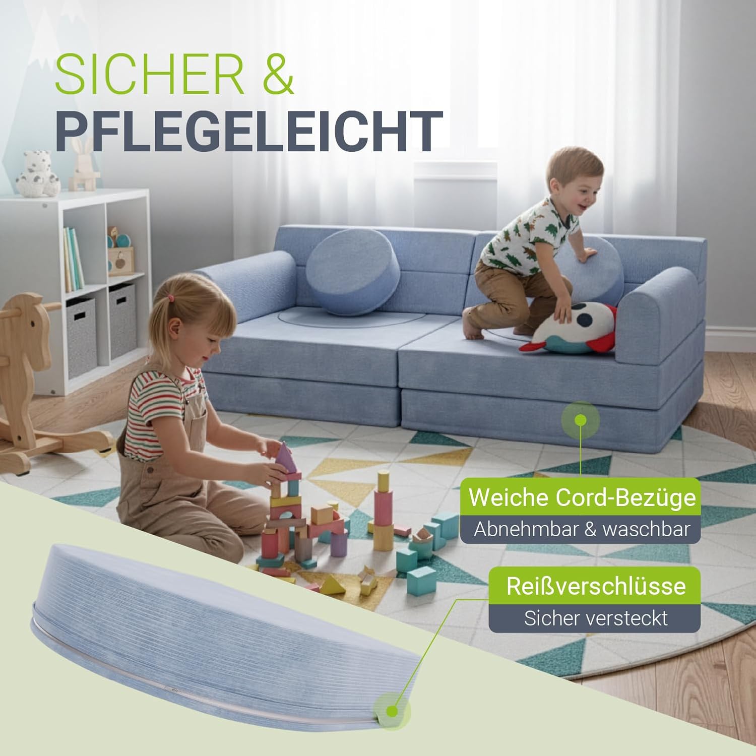Juskys® Kindersofa Kayo - Cord, modular & weich, Sofa für Kinderzimmer & Spielzimmer, sicher, flexibel, pflegeleicht, mit abnehmbaren Bezügen – Hellblau