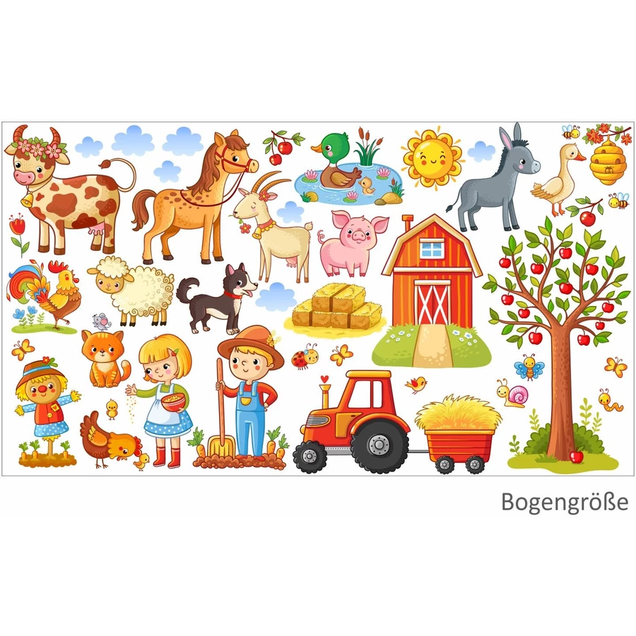 Nikima Wandtattoo 079 Wandtattoo Bauernhof Traktor Kinderzimmer Pferd Kuh Katze Hund bunt