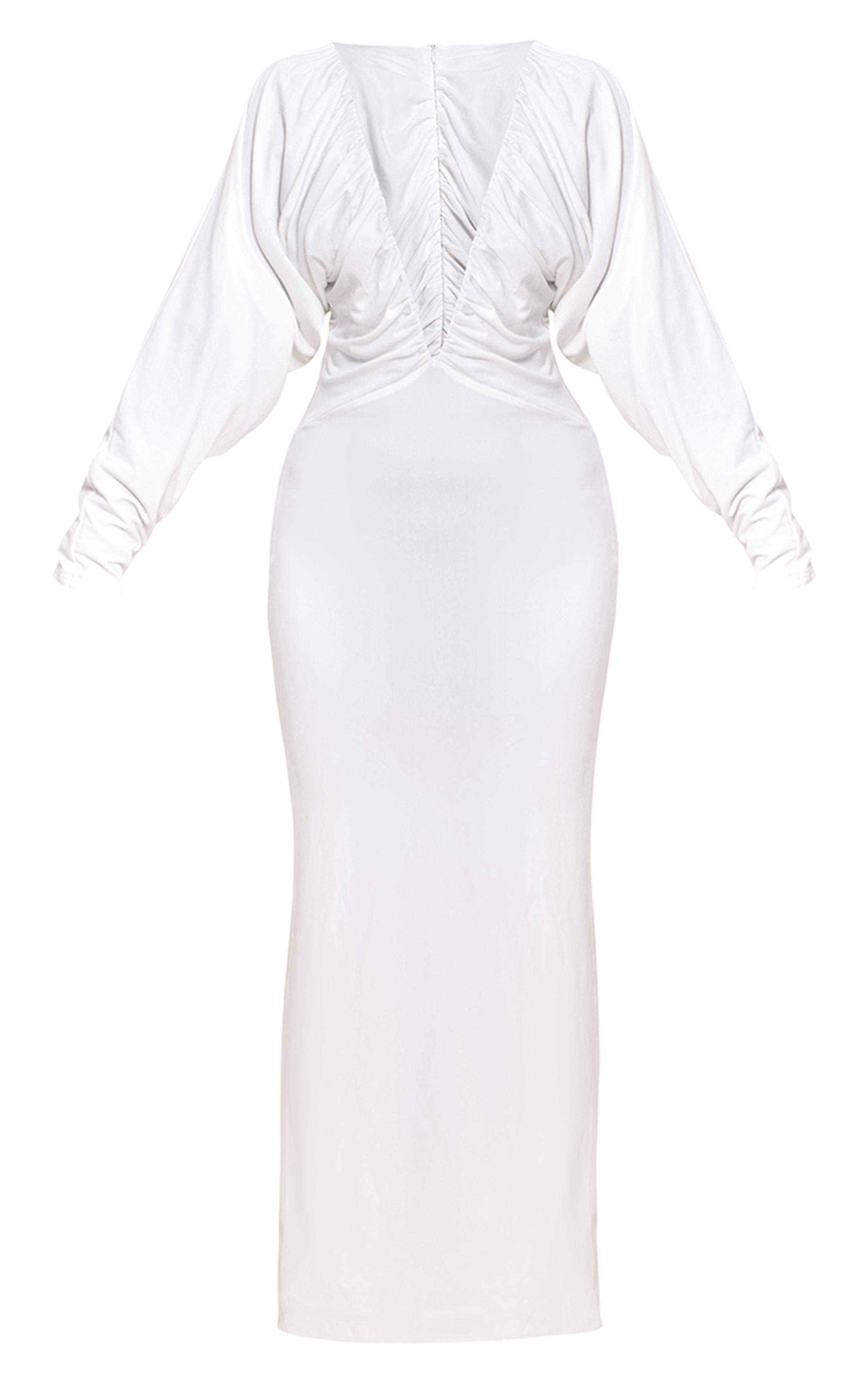 Blanc Robe Maxi Moulante À Manches Chauve-souris Col Plongeant Froncée En Tissu Slinky Plt Label