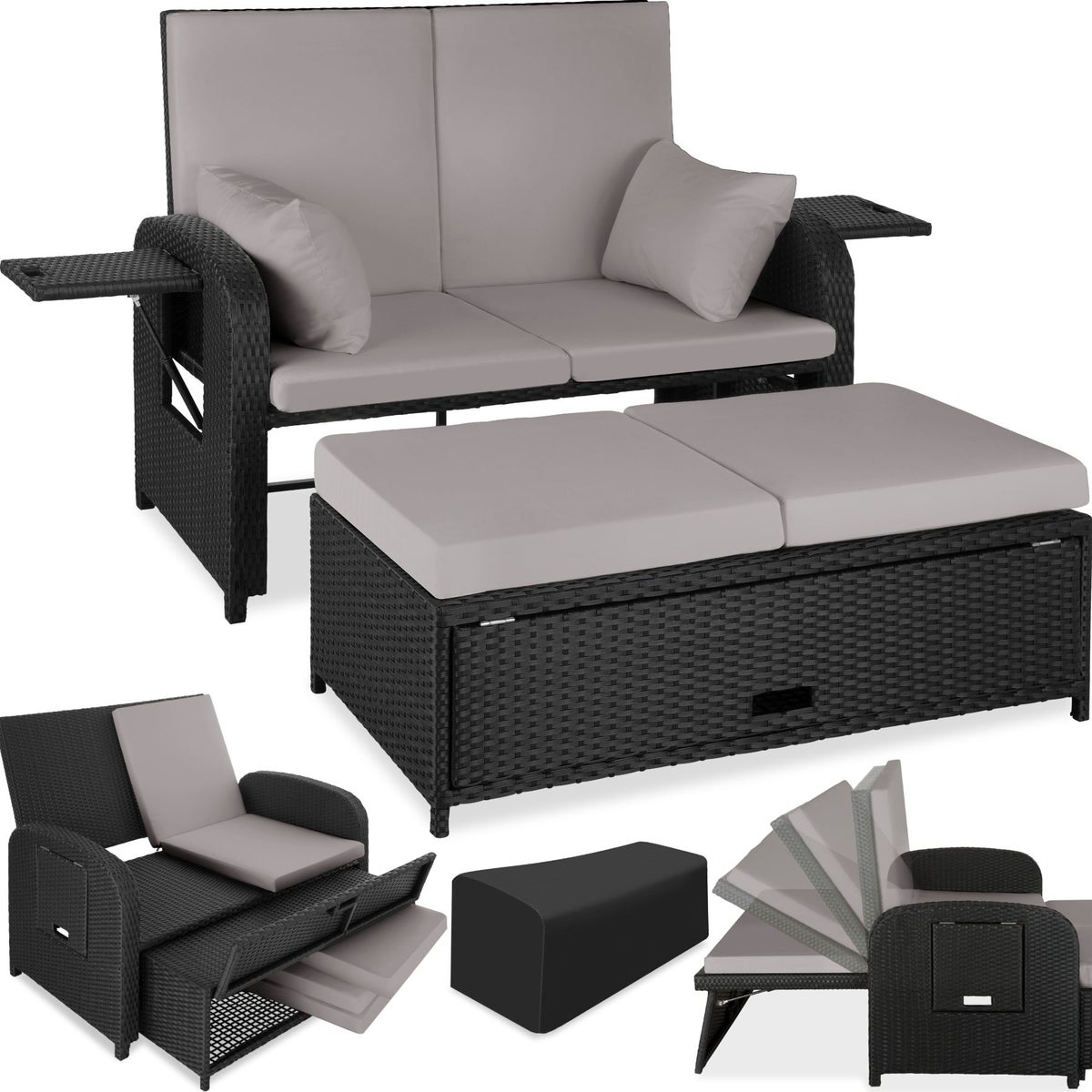 Rotan bank tectake Kreta met aluminium frame, opbergruimte en beschermhoes