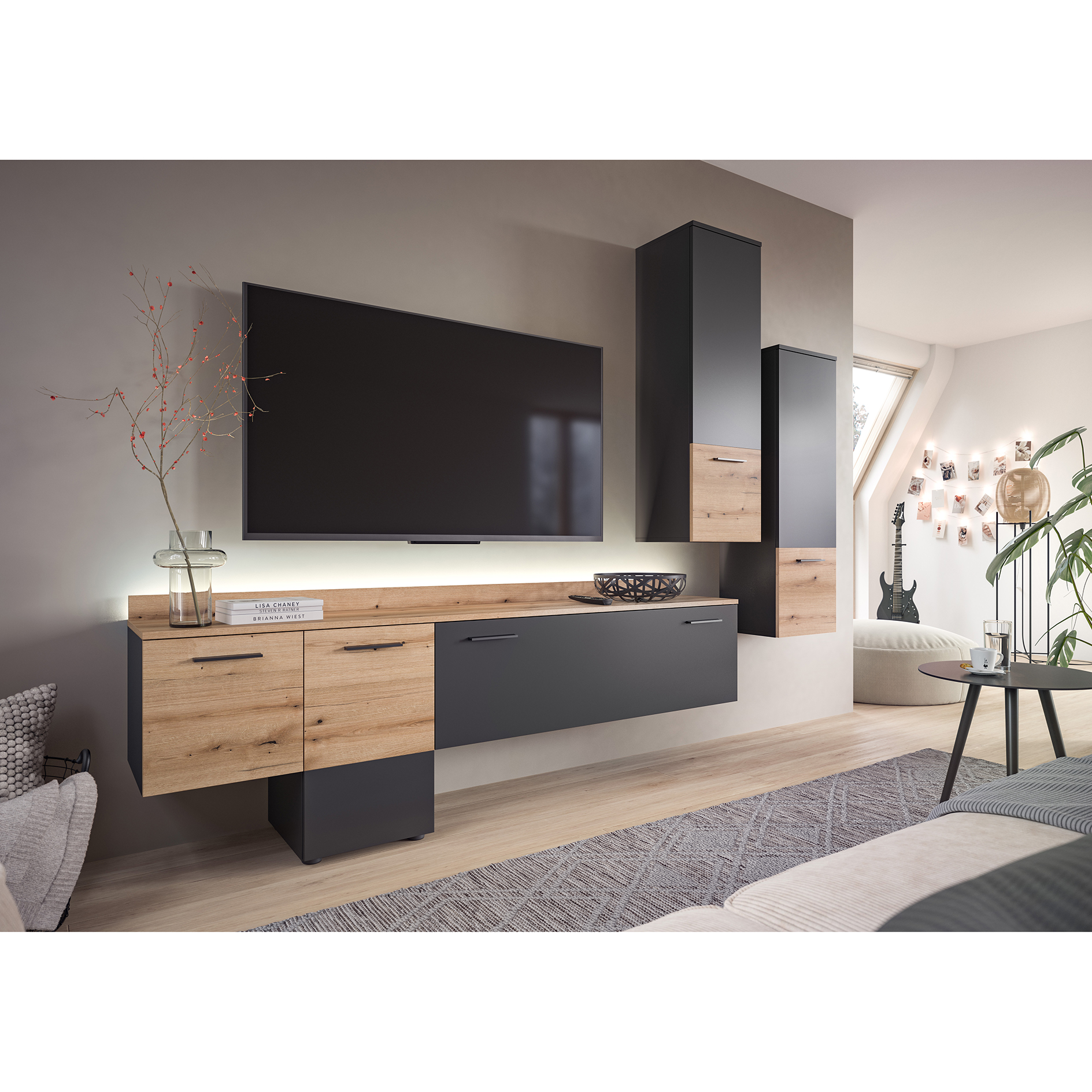 3-teiliges Wohnwand-Set GOAL - grau - Evoke Oak - LED-Beleuchtung