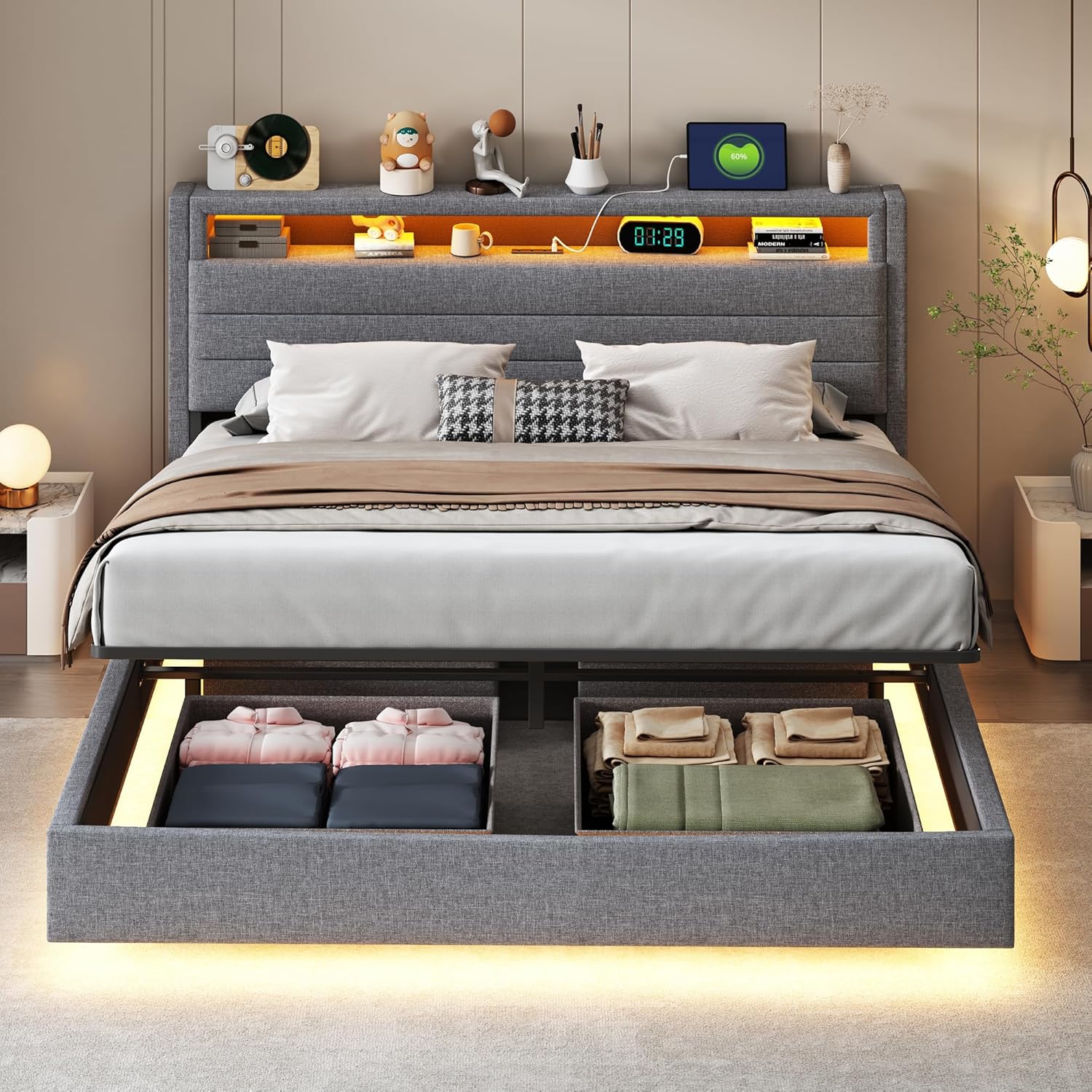 Polsterbett 160x200 cm, Doppelbett Funktionsbett mit USB-Steckdose und LED-Beleuchtung, Hängebett Kopfteil mit Verdeckter Stauraum, Bettgestell Bett mit Lattenrost, Leinen, Ohne Matratze, Grau