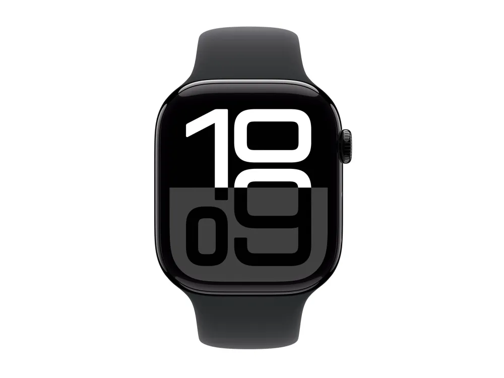 Apple Watch Series 10 (GPS) - 46 mm - jet sort aluminium - smart ur med sportsbånd - fluoroelastomer - sort - båndstørrelse: M/L - 64 GB - Wi-Fi 4, UWB, Bluetooth - 36.4 g