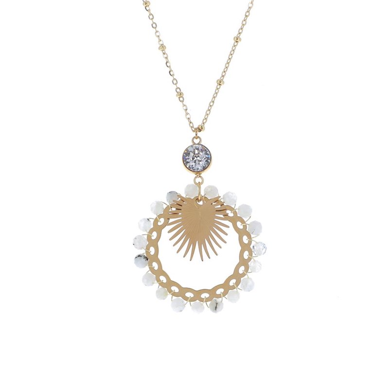 Collier en acier doré avec un pendentif orné de perles naturelles Agate blanc et pierre Crystal Swarovski, chaînette réglable