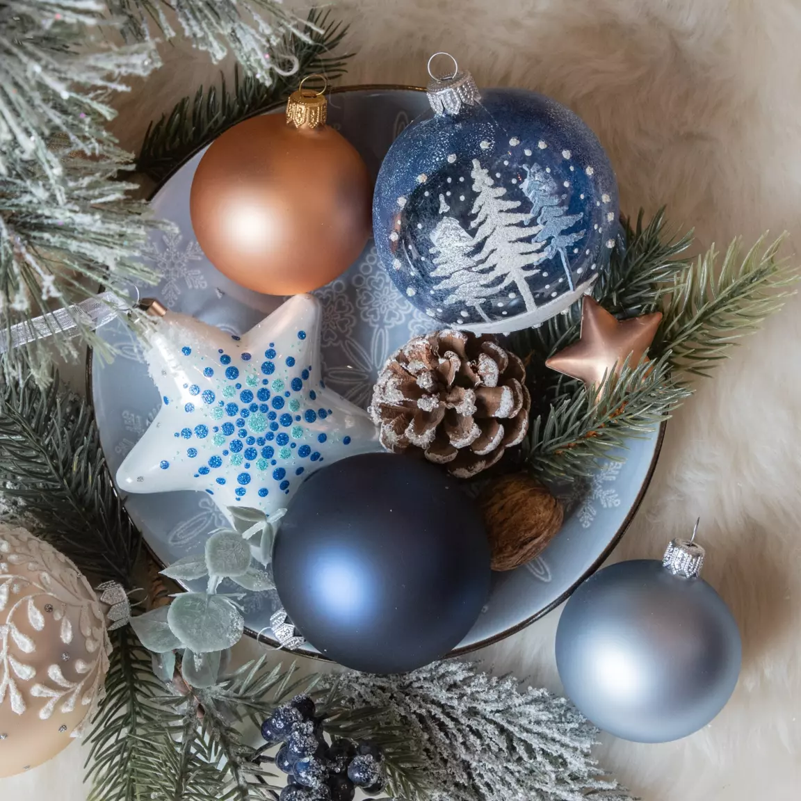 Lot de 6 boules de Noël (D80 mm) en verre Forêt de sapins Bleu