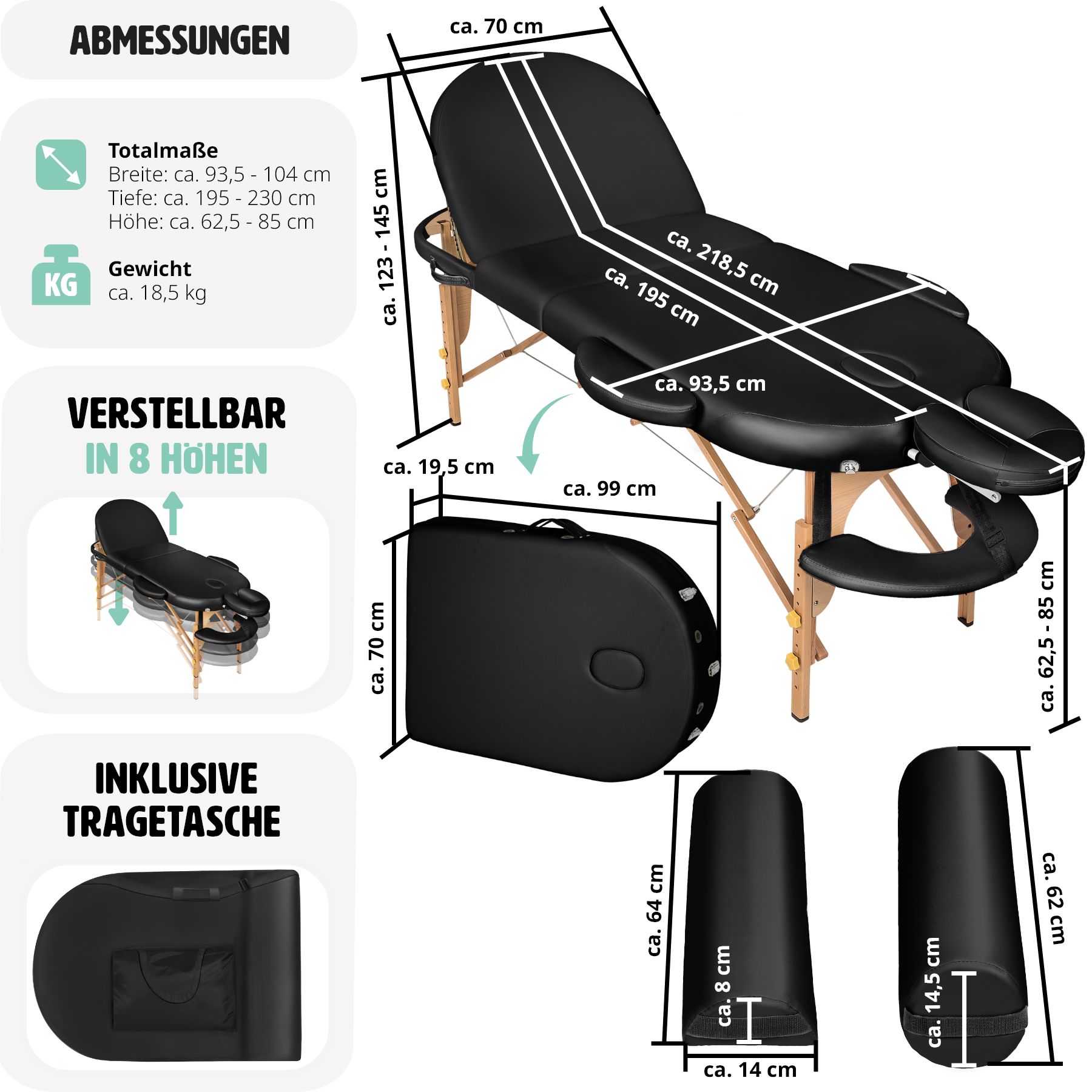 tectake® 3 Zonen Massageliege, inklusive Lagerungsrollen und Tragetasche, klappbar und höhenverstellbar, 230 x 104 x 62,5 - 85 cm