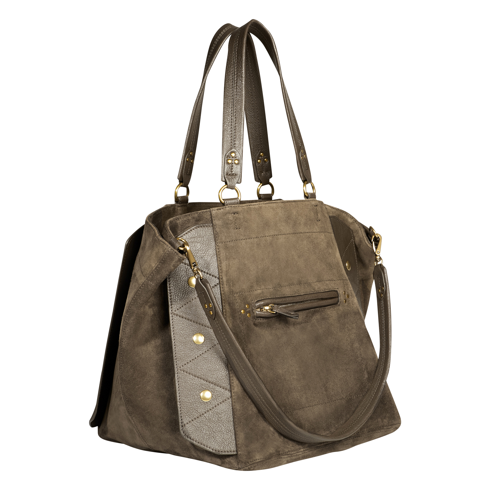 ROGER - Sac cabas porté épaule cuir effet velours| Kaki