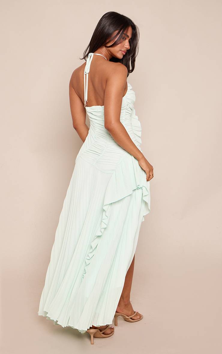 Vert Sauge Robe Maxi Plissée À Volants Et Col Licou Petite