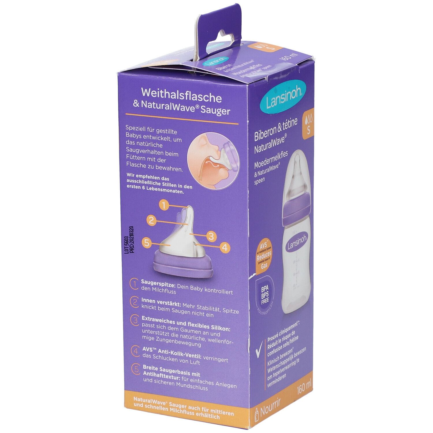 Lansinoh mOmma Babyflasche 160ml mit Natural Wave Silikonsauger S